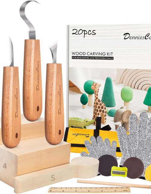 DenniesCare Wood Carving Kit Wood Whittling Kit for Beginners 20pcs Wood Carving Tools with 4pcs Carving Knife, Basswood Wood Blocks, Gloves, Storage Bag, Frosted Sponge, Gifts Set