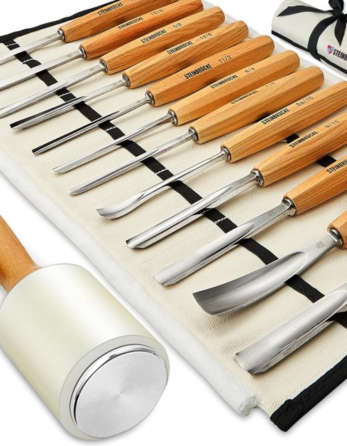 Wood Carving Kit, Wood Carving Tools Set of 12 Chisels and Wood Mallet with Canvas Case Gouges, Wood Whittling Kinves Kit, Wood Carving Knife Set, Woodworking Chisel Set for Beginners, Professionals